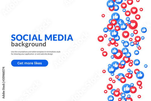 Bunch of like and appreciate emoji background, thumb up stream social media network. Heart and thump icons banner for love and respect. Vector like background in 3d style.