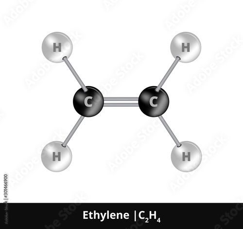 Vector ball-and-stick model of chemical substance. Icon of ethylene or ethene molecule C2H4 consisting of carbon and hydrogen. Structural formula suitable for education isolated on a white background.