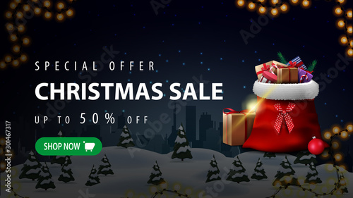 Special offer, Christmas sale, up to 50% off, beautiful discount banner with night winter landscape, silhouette city on horizontal and Santa Sleigh with presents