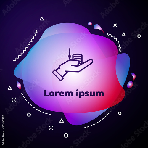 Purple line Money on hand icon isolated on dark blue background. Palm holds cash with down. Cash salary decrease. Abstract banner with liquid shapes. Vector Illustration
