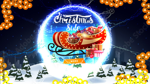 Christmas sale, discount banner with winter landscape, starry sky, button, Santa Sleigh with presents and round portal with lightning bolts and offer