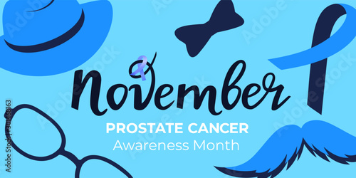 Blue november. Prostate Cancer Awareness Month banner. Mustache, hat, ribbon and glasses. Man's health