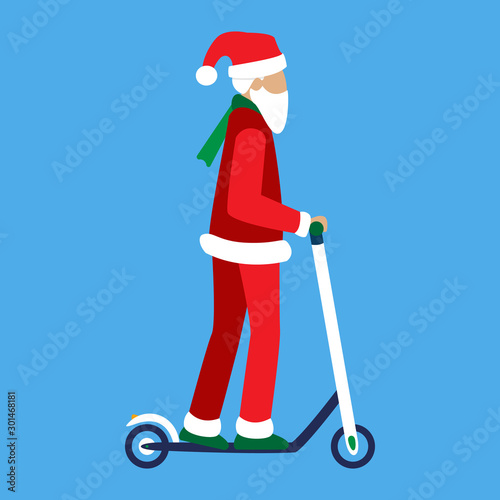 Modern Santa Claus rides an electric kick scooter isolated. An old senior man with a white beard and hair uses eco-friendly urban transport. For New Year and Christmas promotions rental or sharing