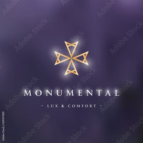 Expensive premium design logo for respectable bank or lux hotel. Antique corporate style. Golden label on stone marble background.