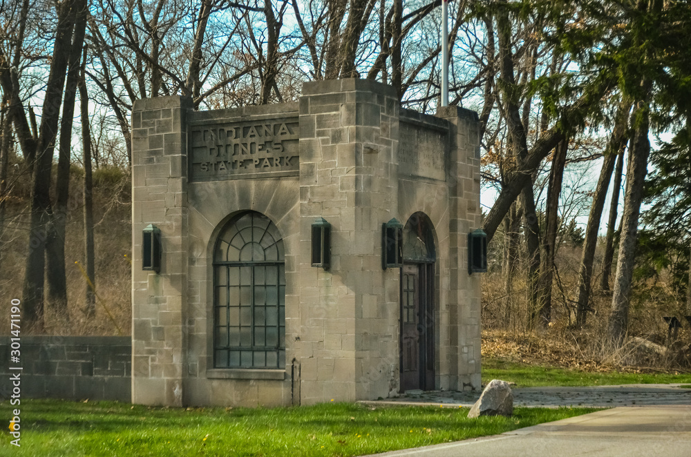 USA, Ohio -  April 26, 2018: old building with information about the park at the entrance to the park.  Indiana Dunes State Park, USA