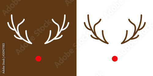 Icono navideño con nariz y astas de reno Rodolfo con color rojo y en fondo blanco y marrón