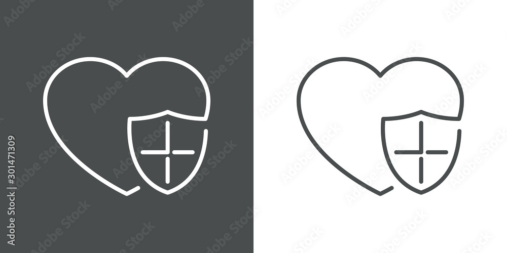 Icono lineal guardar favorito con corazón y símbolo escudo en gris y blanco Icono lineal guardar favorito con corazón y símbolo escudo en gris y blanco