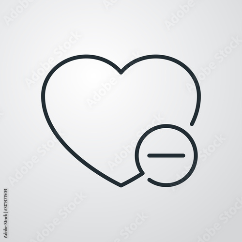 Icono lineal quitar favorito con corazón y símbolo menos en círculo en fondo gris