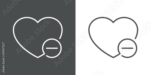 Icono lineal quitar favorito con corazón y símbolo menos en círculo en gris y blanco