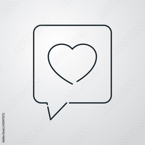 Icono lineal mensaje con corazón en burbuja habla forma cuadrada en fondo gris