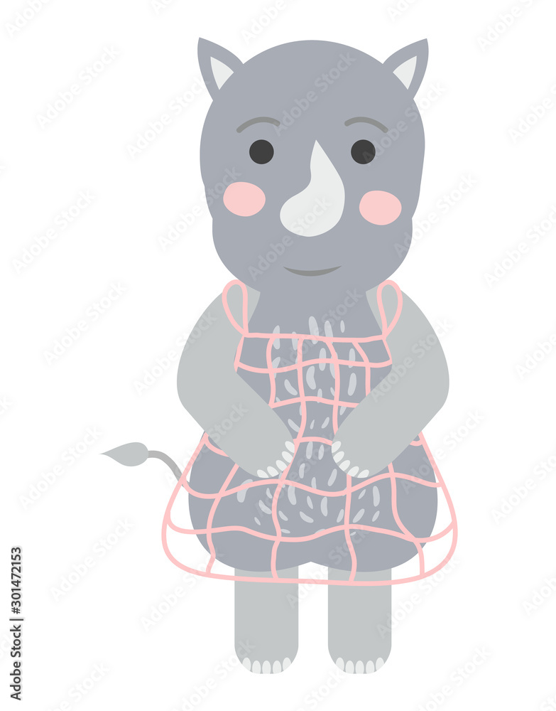 Cute Rhino in Scandinavian style. Hand-drawn. For printing on children's textiles, postcards, wall art.