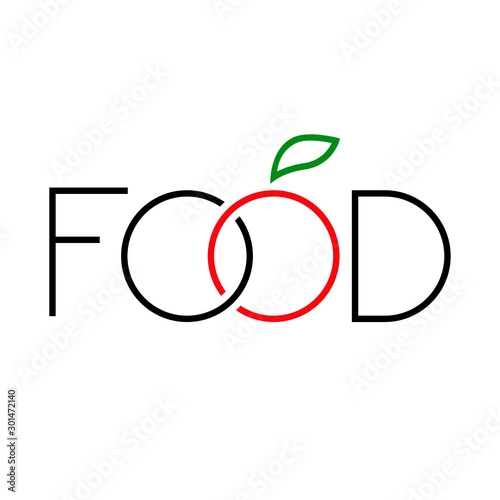 Concepto comida natural. Vegano. Logotipo lineal con palabra food con letra o como manzana 
