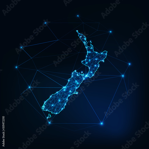 Obraz na plátne New Zealand map glowing silhouette outline made of stars lines dots triangles, low polygonal shapes