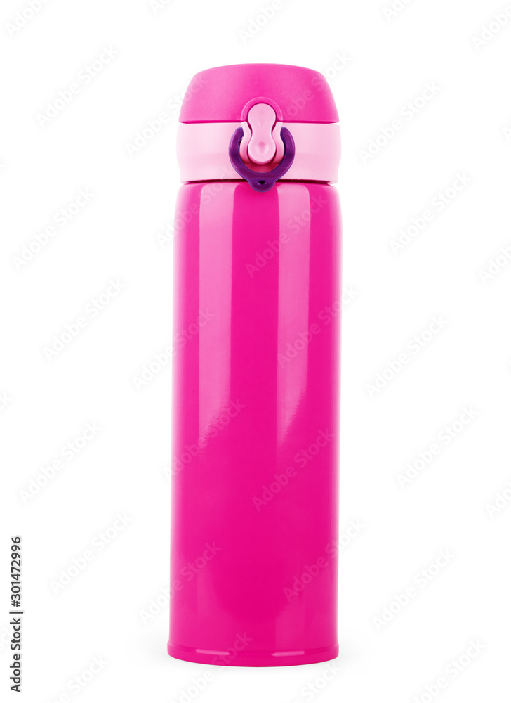 Front view of pink metal thermos flask isolated on white Front view of pink metal thermos flask isolated on white