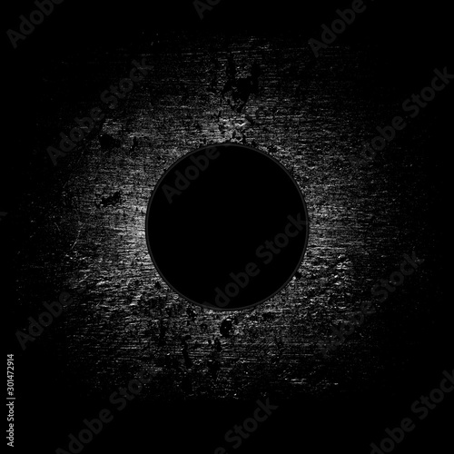 Abstract black circle and dust stain on black background. Grunge texture with scratches, spots and dots.