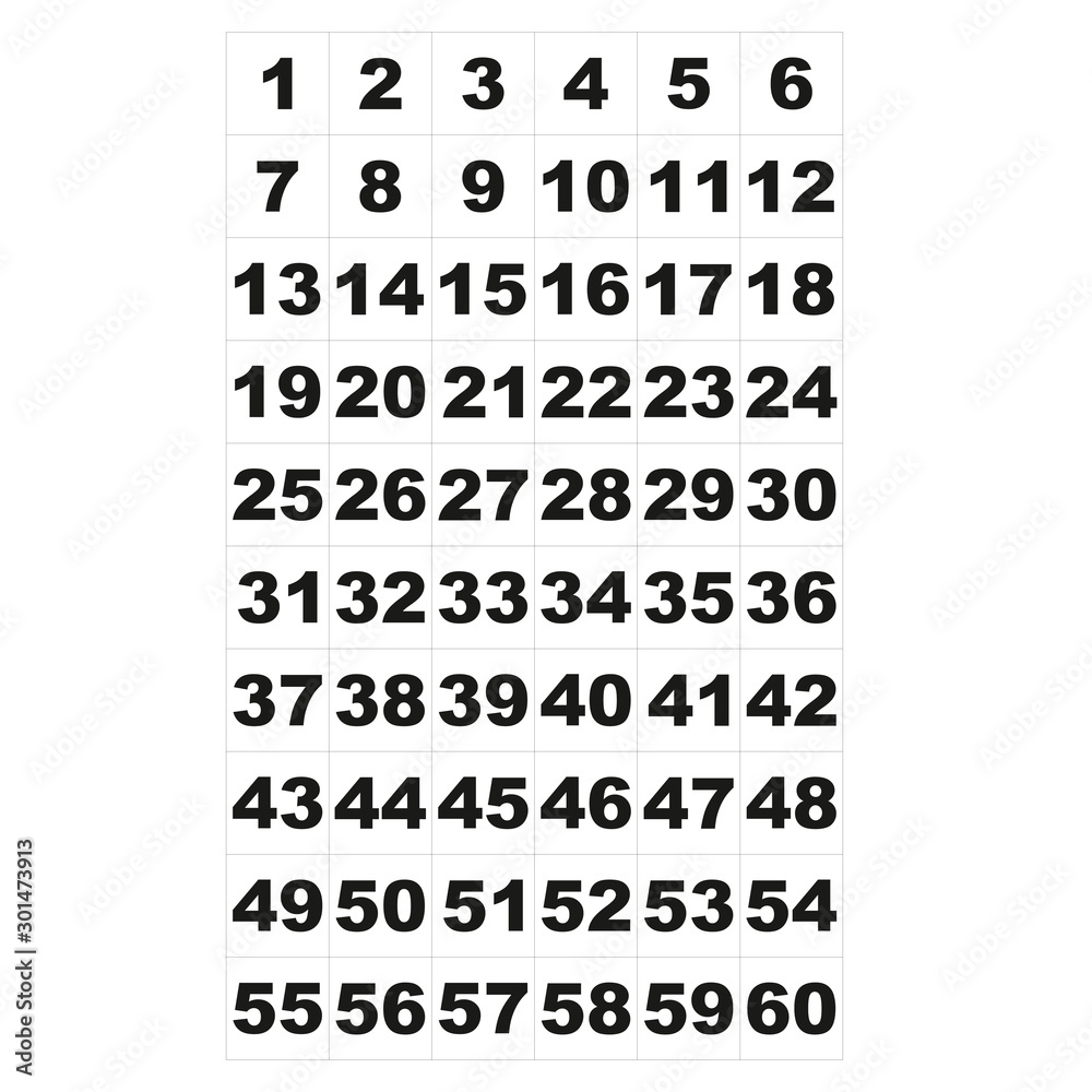 Vector illustration of black numbers from 1 to 60. Vector illustration of black numbers from 1 to 60.