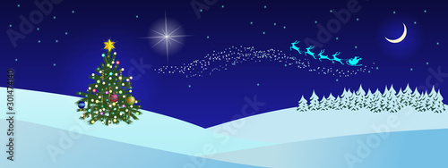 Winter night landscape with Christmas star in the sky, Santa, snow-covered forest and decorated fir tree.  illustration in cartoon style. Picture for your banner, postcard or party invitation.