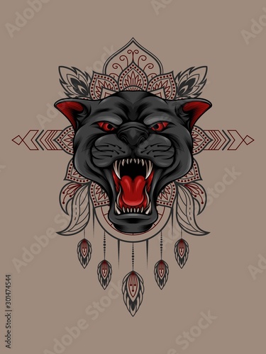 Panther head with strong teeth and mandala pattern as graphic resource for apparel, t-shirt, outerwear, And other merchandise photo