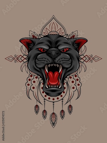 Panther head with strong teeth and mandala pattern as graphic resource for apparel, t-shirt, outerwear, And other merchandise photo