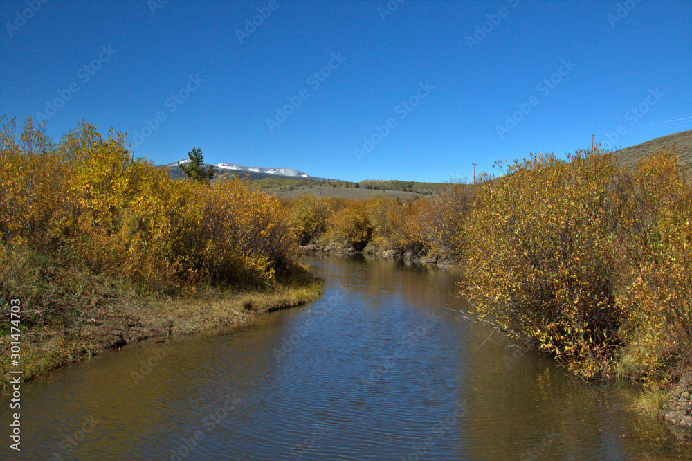 Mountain stream flowing between the fall colors along the stream with snow covered peaks in the background