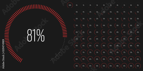 Set of circular sector percentage diagrams meters from 0 to 100 ready-to-use for web design, user interface UI or infographic - indicator with red
