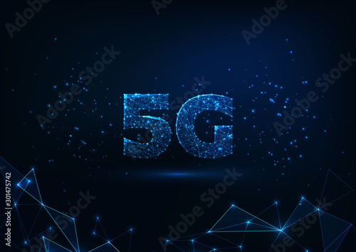 Futuristic glowing low polygonal fast 5G internet connection concept on dark blue background.
