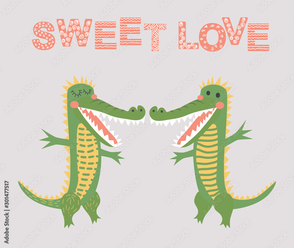 Sweet love. Scandinavian-style crocodile pair, kids print, poster, design