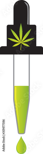 Dropper filled with CBD oil with a marijuana leaf on the handle,  EPS 8 vector illustration