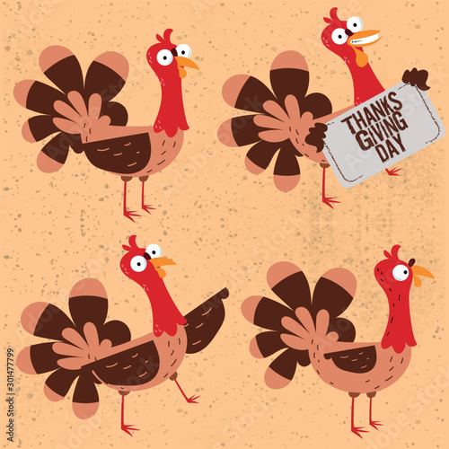 Turkey character design for autumn season. Cartoon. Vector