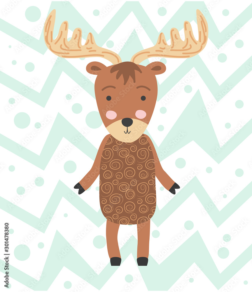 Cute moose flat. Forest fauna. Zoo mammal. Elk clipart. Postcard, kids book design element Cute moose flat. Forest fauna. Zoo mammal. Elk clipart. Postcard, kids book design element