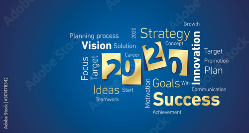 Success New Year 2020 gold white word cloud blue background