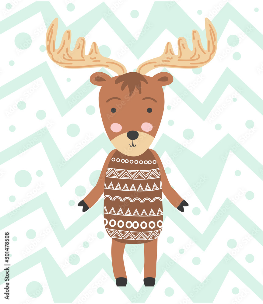 Naklejka premium Cute moose flat. Forest fauna. Zoo mammal. Elk clipart. Postcard, kids book design element