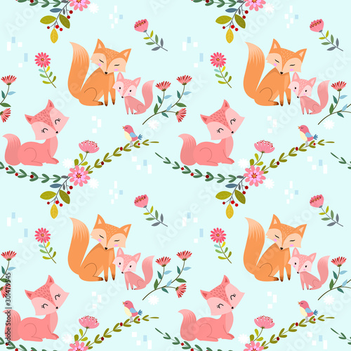 Seamless pattern with cute foxes and flowers vector design