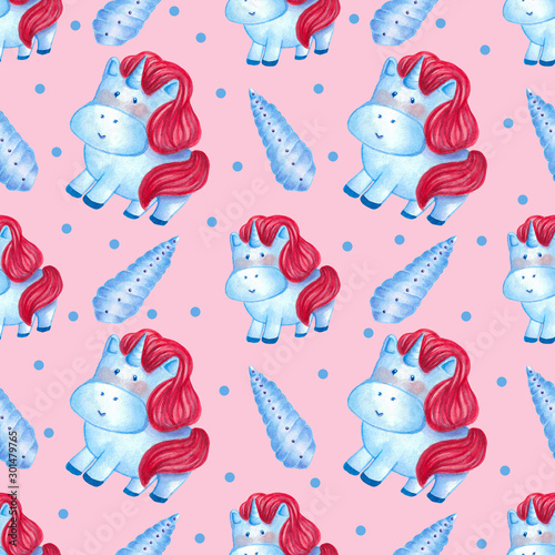 watercolor illustration Seamless pattern blue unicorn with red mane with blue horn on pink background