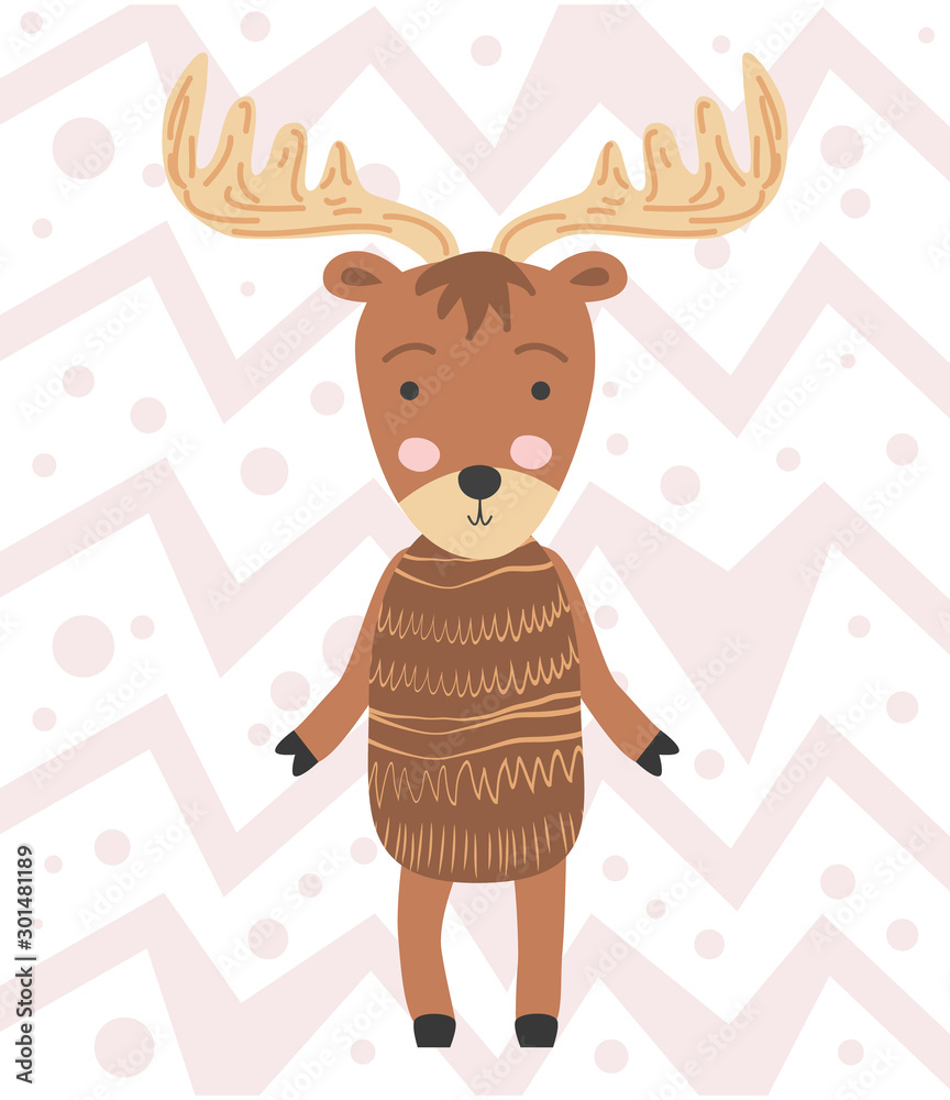 Cute moose flat. Forest fauna. Zoo mammal. Elk clipart. Postcard, kids book design element Cute moose flat. Forest fauna. Zoo mammal. Elk clipart. Postcard, kids book design element