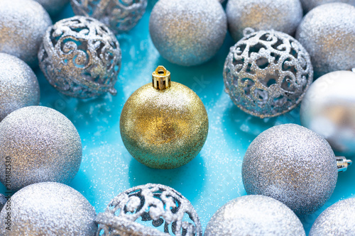 Christmas baubles decoration on blue background.