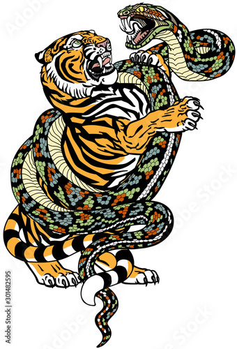 fight between tiger and snake. Angry reptile coiled the big cat. Graphic style vector illustration. Tattoo