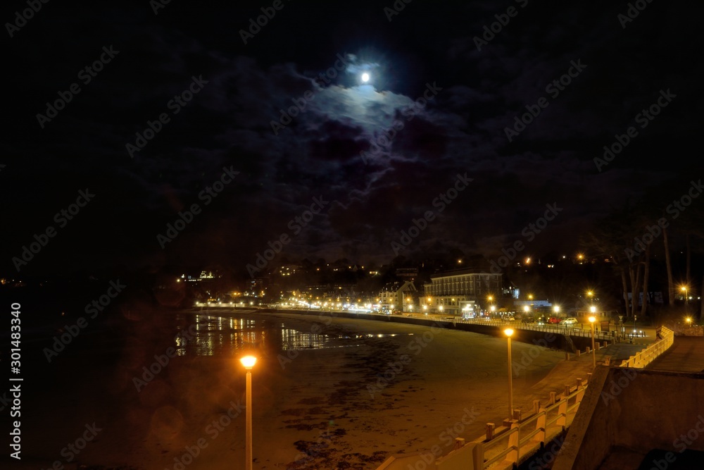 Moonlight over the Trestraou beach of Perros-Guirec in Brittany France