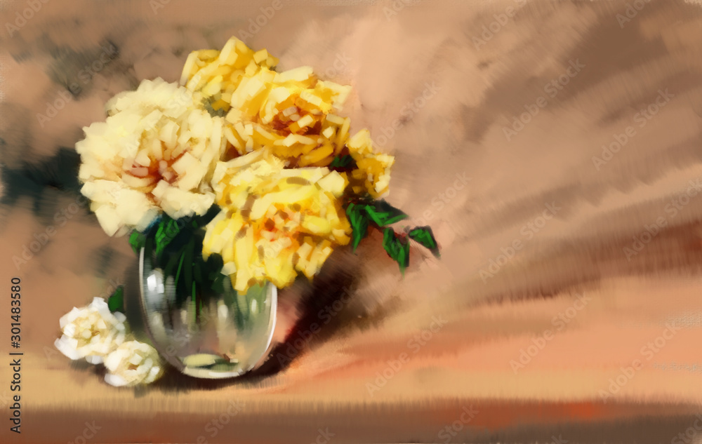 Digital oil paintings still life, bouquet of flowers in vase on a background. Fine art. Artwork.