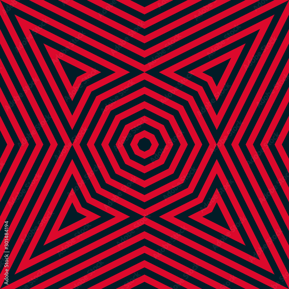 Black and red vector geometric seamless pattern with lines, stripes, octagons
