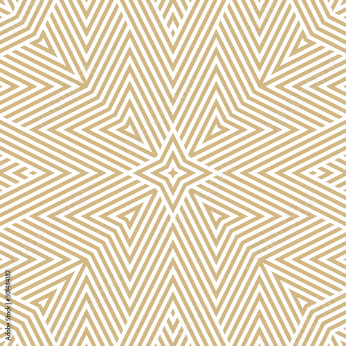 Vector geometric lines seamless pattern. Golden linear background with stripes, diagonal lines, rhombuses. Modern abstract white and gold texture. Stylish luxury design for decor, print, wallpapers