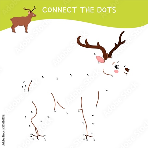 Educational game for kids. Dot to dot game for children. Forest animals collection. Cartoon cute deer.