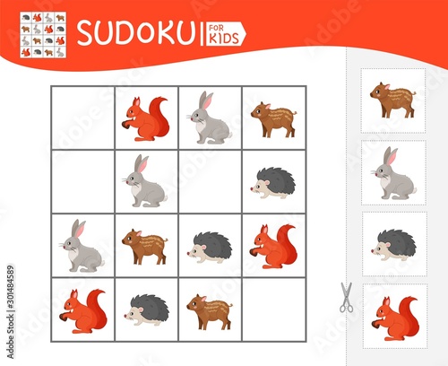 Sudoku game for children with pictures. Kids activity sheet.  Forest animals.