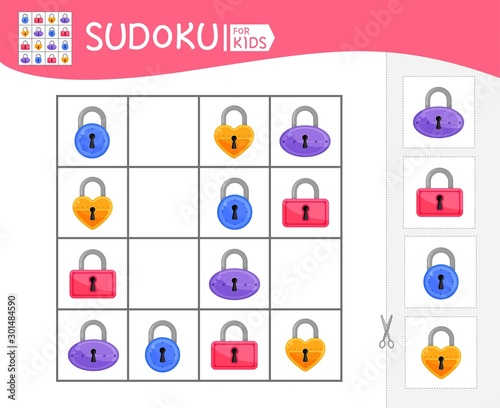 Sudoku game for children with pictures. Kids activity sheet. Cartoon locks.