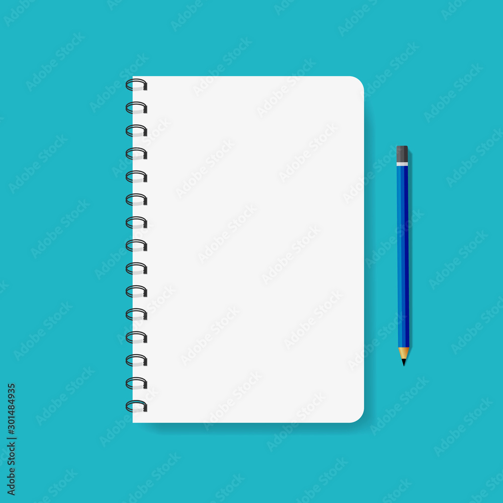 Template of spiral paper notebook for note. Mockup notepad with metal binder and pencil. Flat empty diary, copybook for school. Office stationery items. Worksheet cover. vector isolated Template of spiral paper notebook for note. Mockup notepad with metal binder and pencil. Flat empty diary, copybook for school. Office stationery items. Worksheet cover. vector isolated
