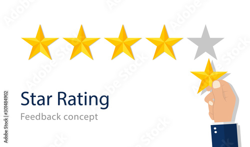 Quality star rating. Feedback rank concept. Customer appraisal, performance rate, positive review. Good evaluation of service in flat style. Best appreciation of quality. Isolated vector