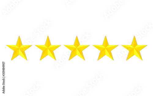 Quality stars rating. Customer review with gold star icon. 5 stars assessment of customer in flat style. Feedback concept. Quality rank. Appraisal  level rank. Positive review. vector isolated