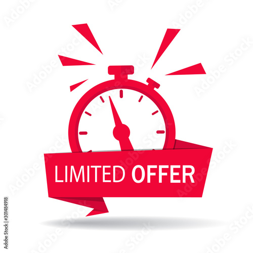Red limited offer with clock for promotion, banner, price. Label countdown of time for offer sale or exclusive deal. vector