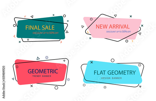 Set of trendy memphis banner in flat style with geometric shapes. Design label with graphic element for discount sale. Trendy background template with text for poster, card, social media. vector