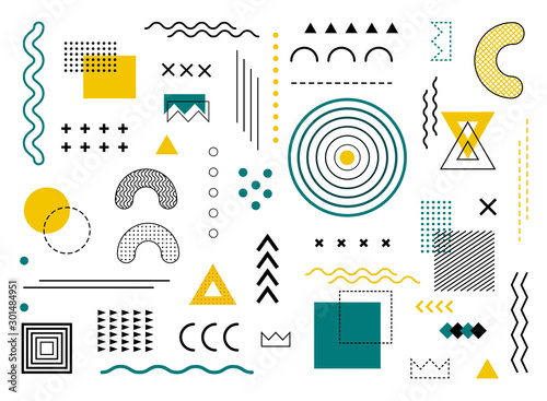 Memphis design geometric background with abstract element shapes. Graphic funky texture for holiday poster, card social media. Abstract pattern with circle, halftone dots. Geometry banner. vector